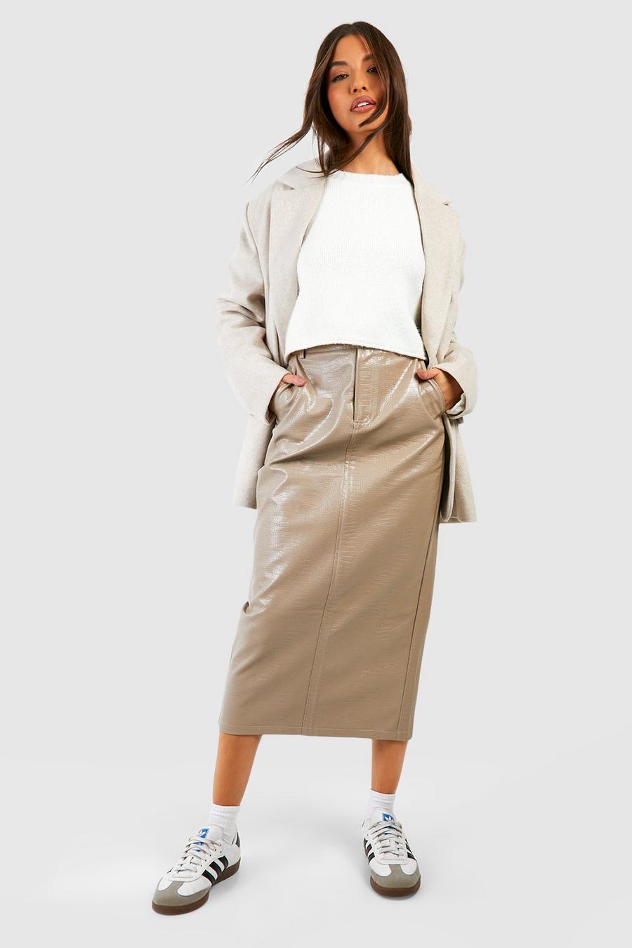 Ecru Croc Pu Split Midi Skirt