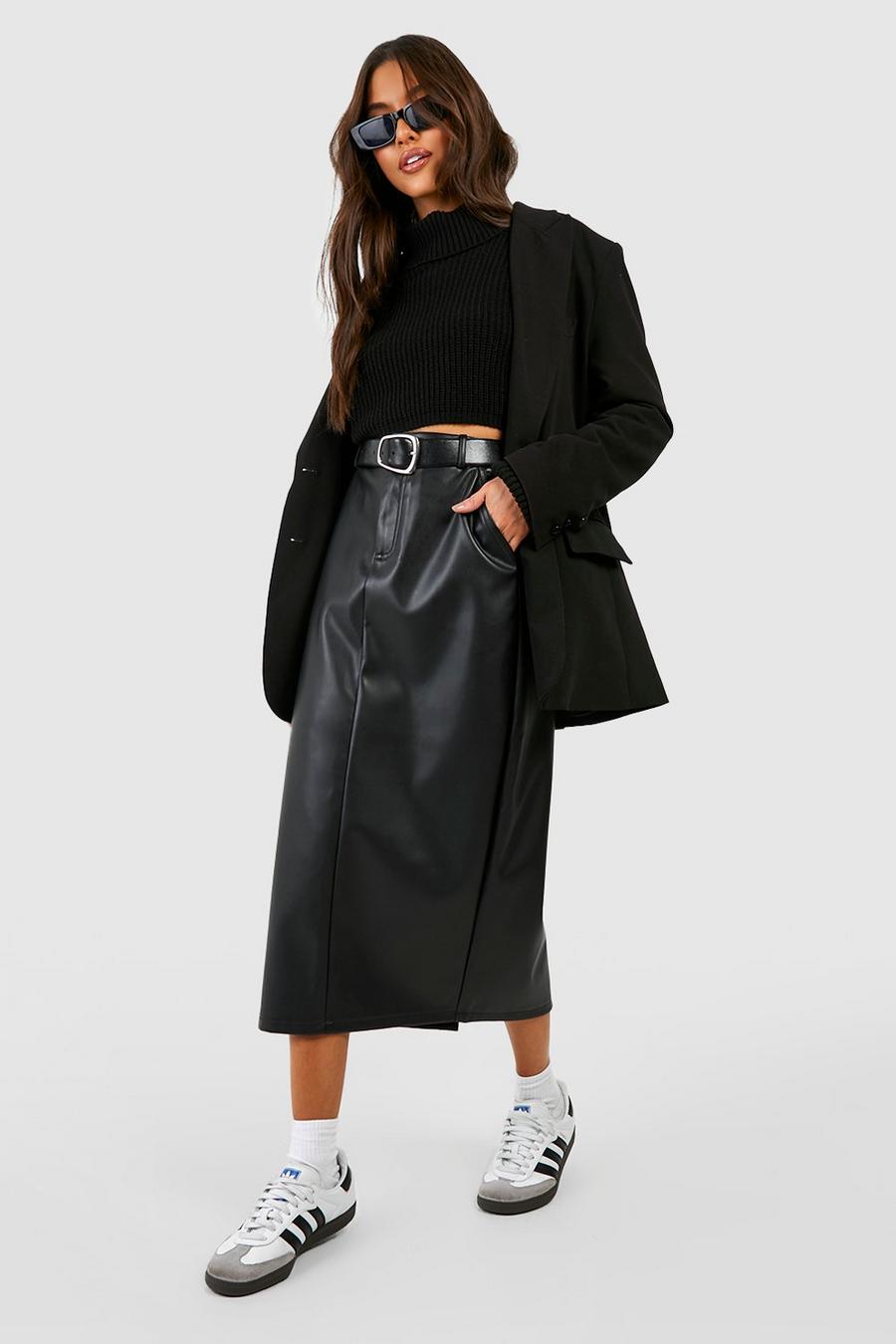Black Faux Leather High Waisted Midi Skirt