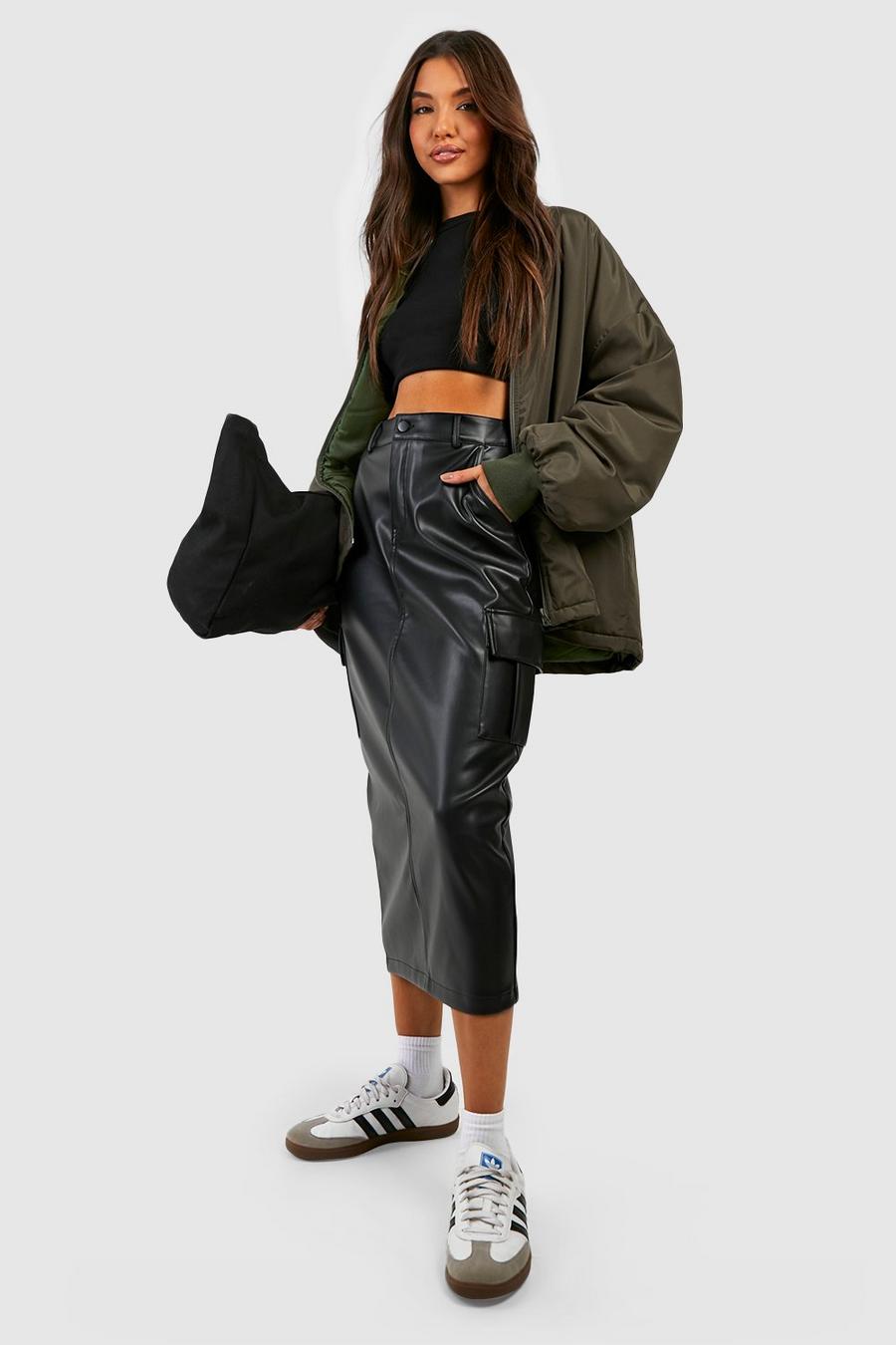Black Leather Look Cargo Midaxi Skirt