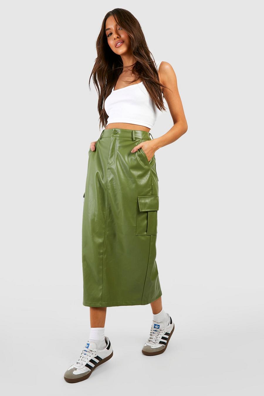 Khaki Faux Leather Cargo Midi Skirt