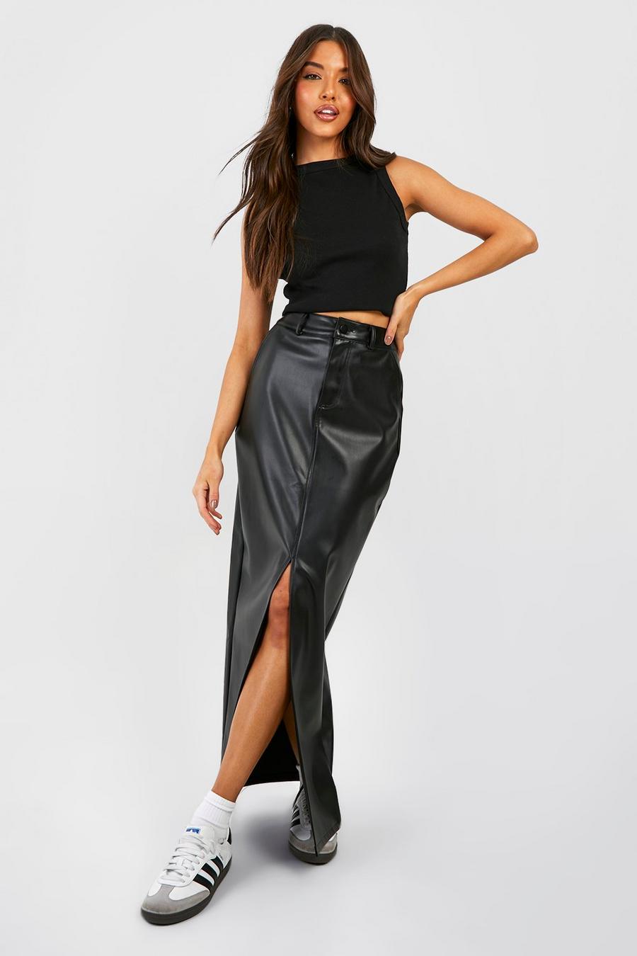 Black Faux Leather High Waisted Split Maxi Skirt image number 1