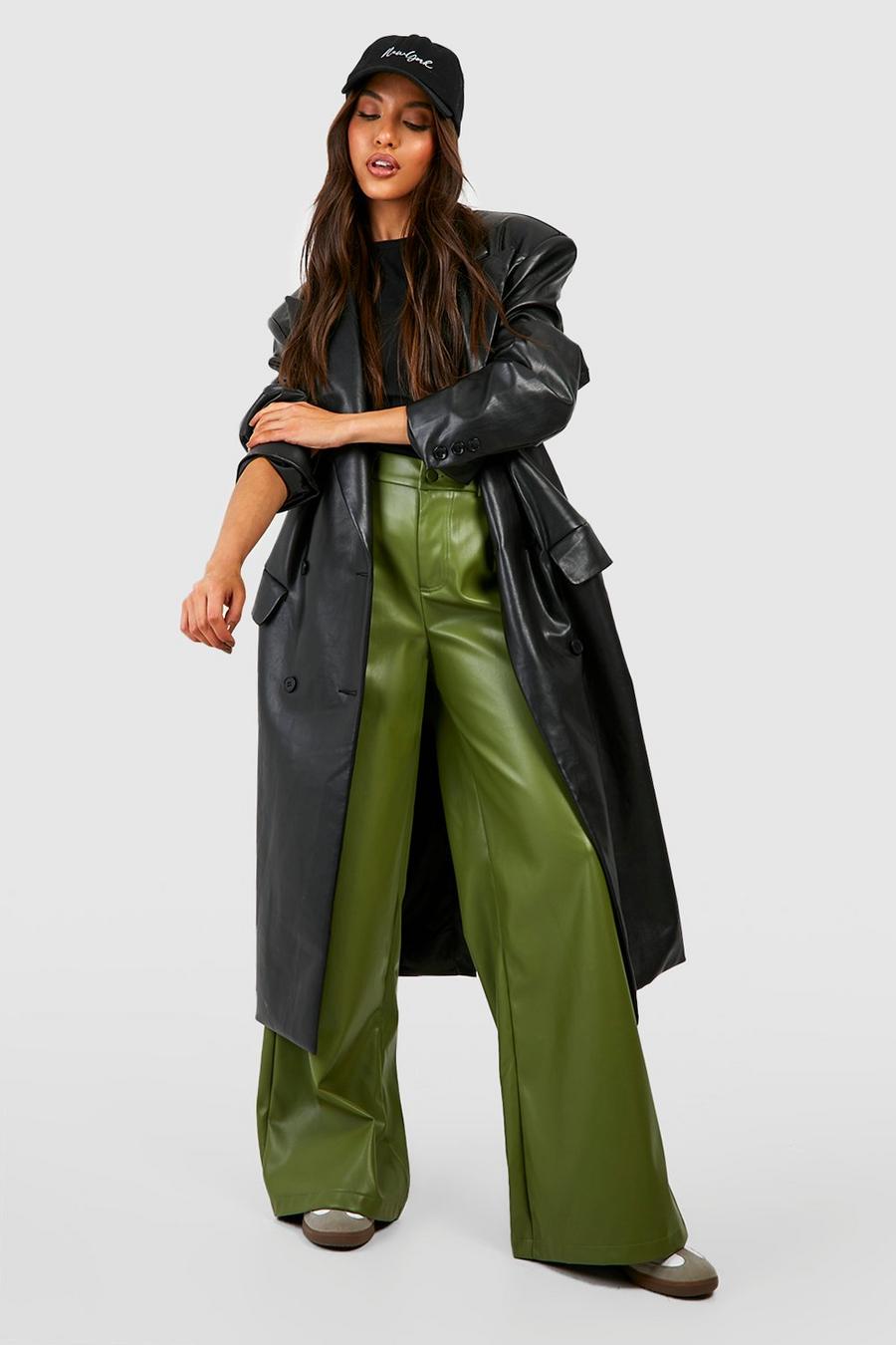 Khaki Leather Look Wide Fit Trousers