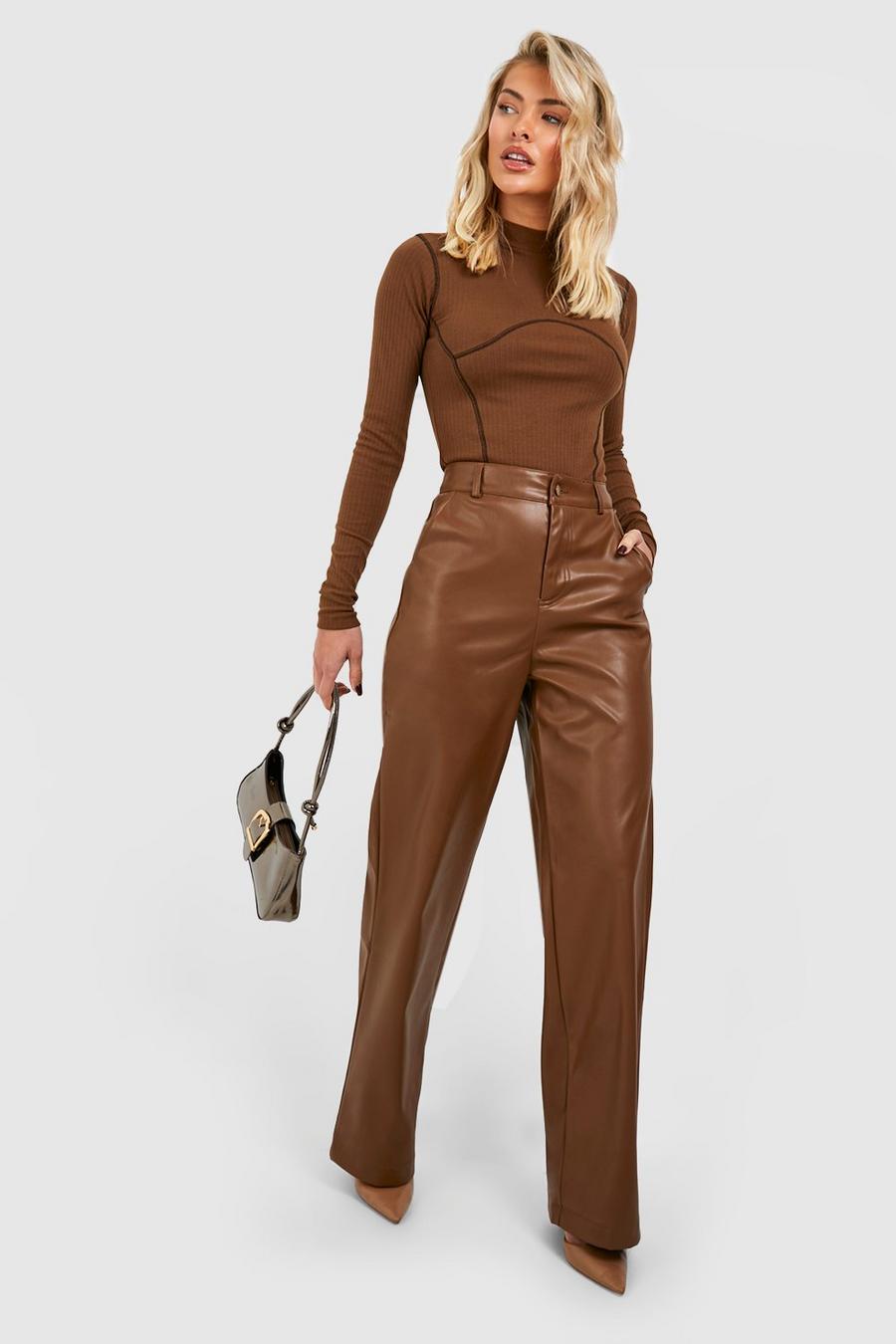 Chocolate Leather Look Relaxed Fit Straight Leg Trousers