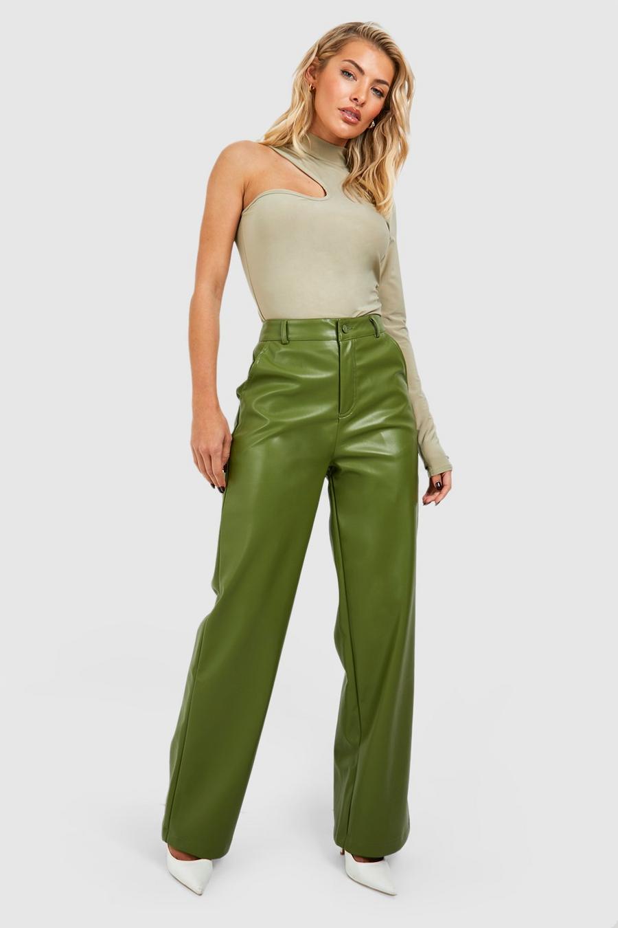 Khaki Leather Look Relaxed Fit Straight Leg Pants