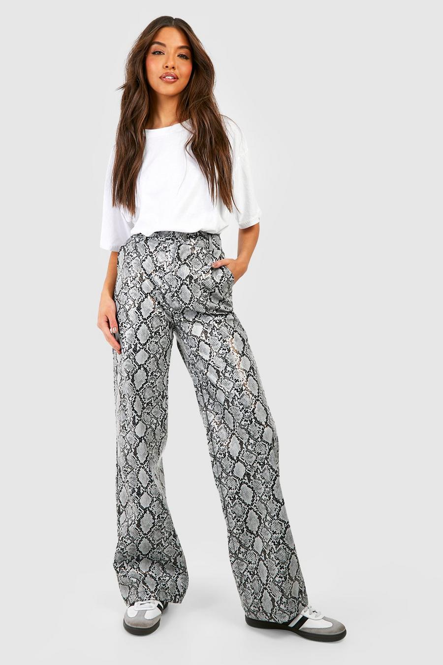 Pantalón de pernera ancha efecto cuero con estampado de serpiente, Dark grey