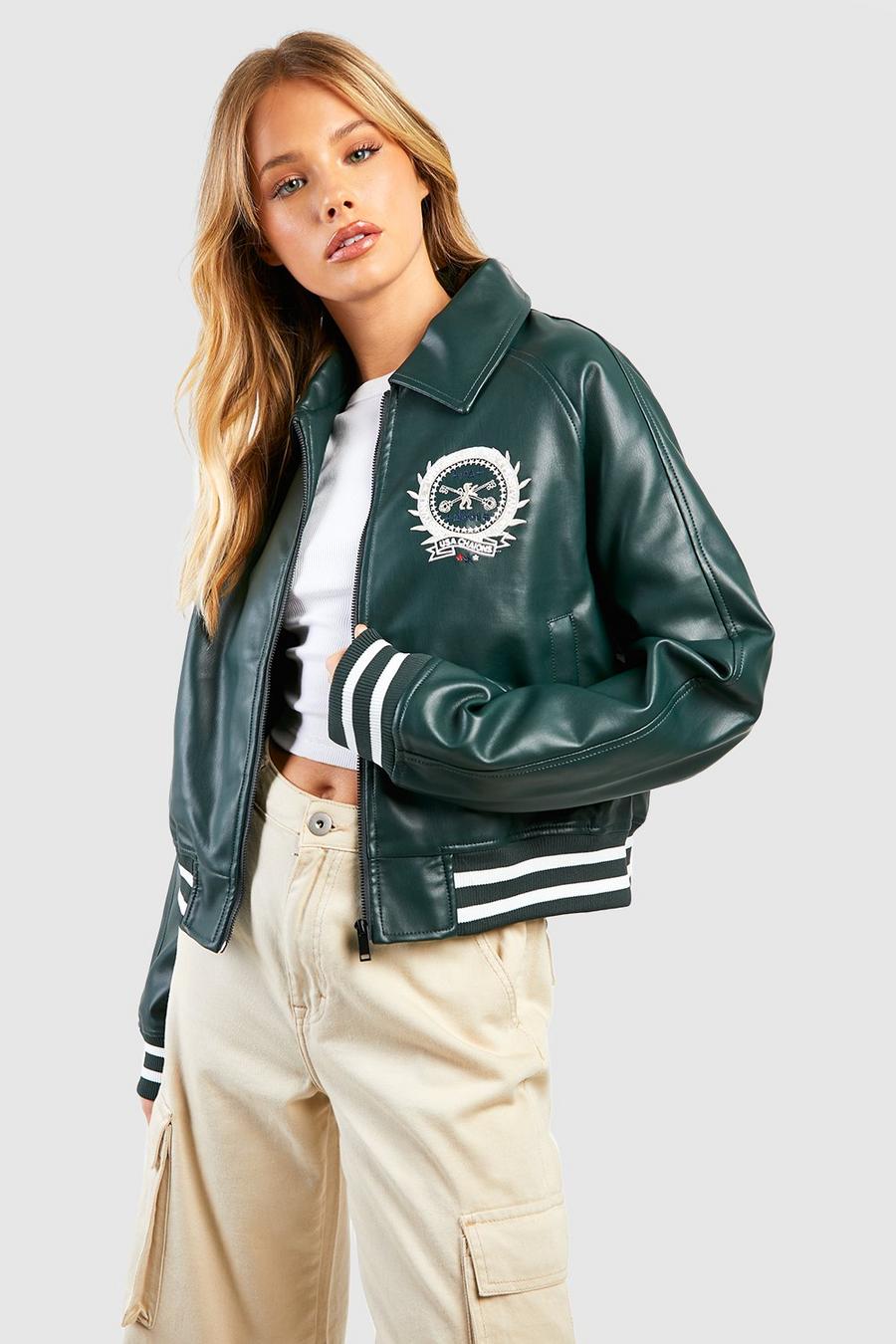 Forest Oversized Embroidered Usa Faux Leather Bomber 