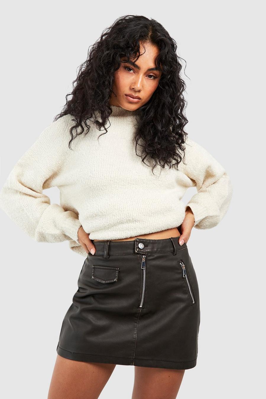 Grey Vintage Look Zip Detail Faux Leather Mini Skirt 