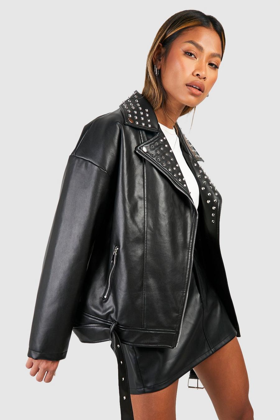 Black Oversized Studded Faux Leather Biker Jacket