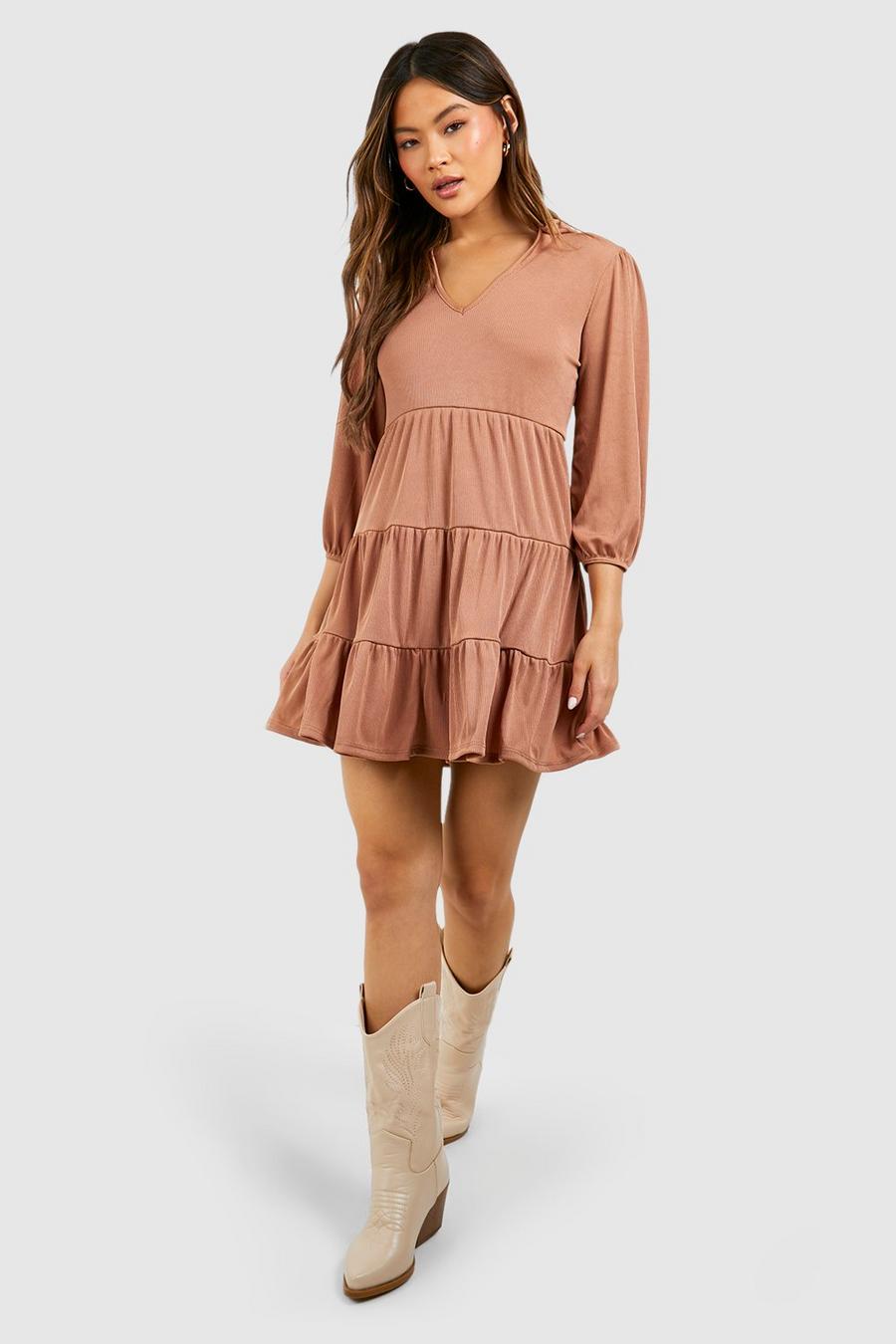 Camel Rib V Neck Smock Dress