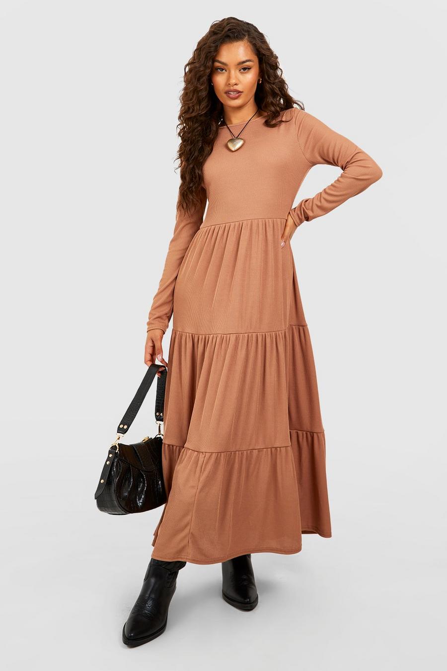 Camel Rib Tiered Midaxi Smock Dress