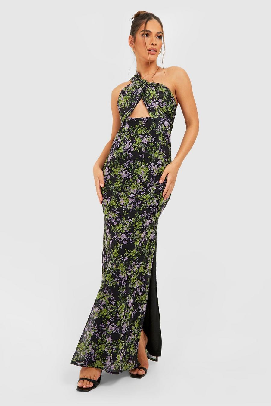 Black Floral Chiffon Twist Maxi Dress