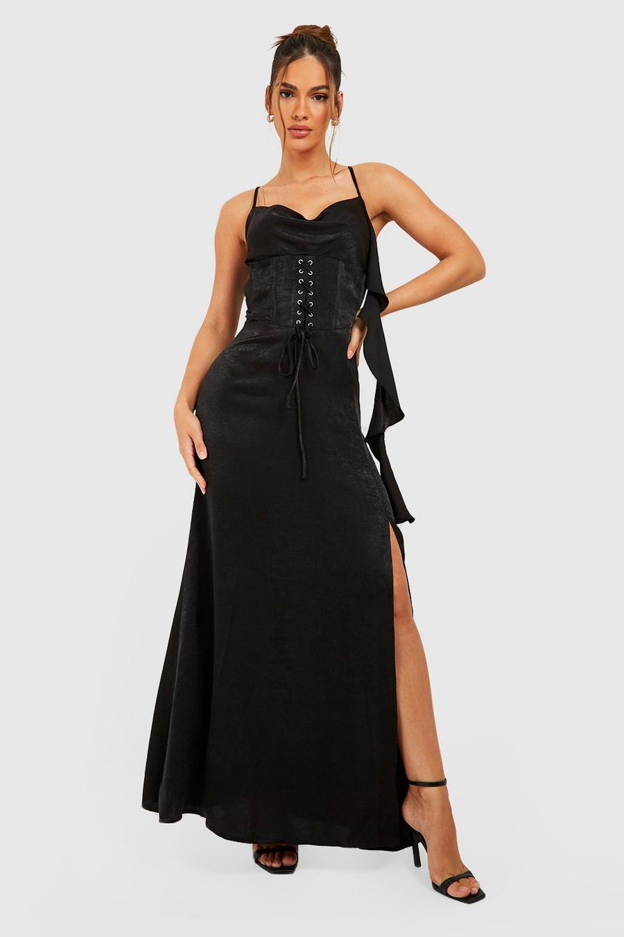 Black Satin Corset Maxi Dress