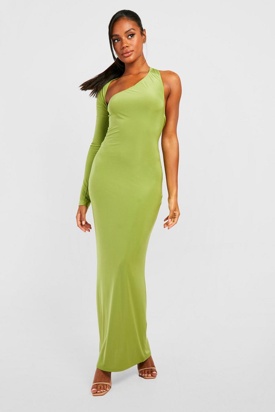 Olive Premium Slinky Asymmetric One Shoulder Maxi Dress