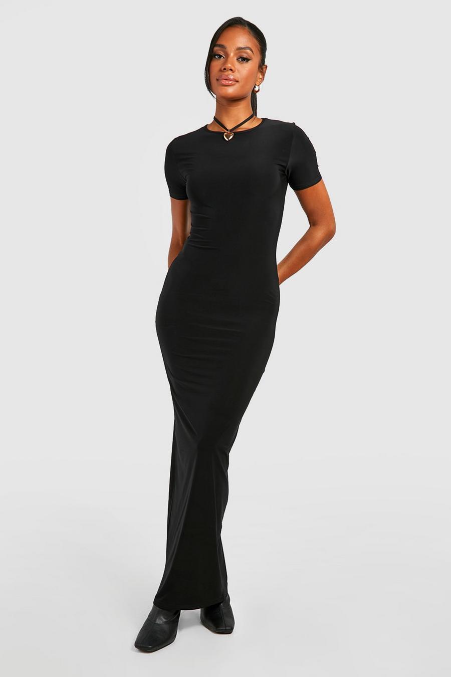 Black Premium Slinky Short Sleeve Maxi Dress