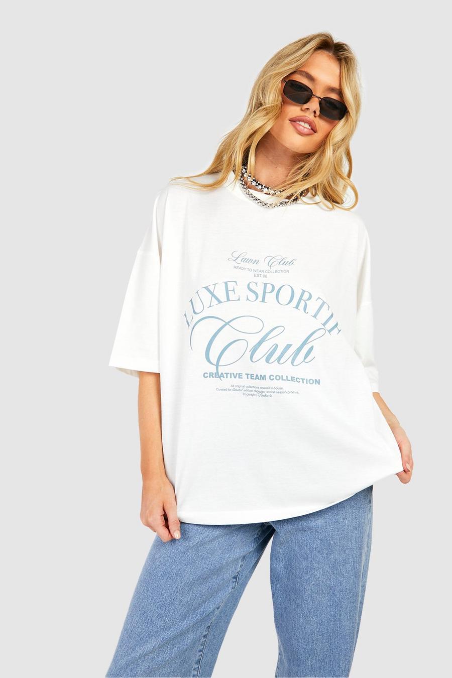 Ecru Sports Club T-Shirt Met Tekst En Opdruk