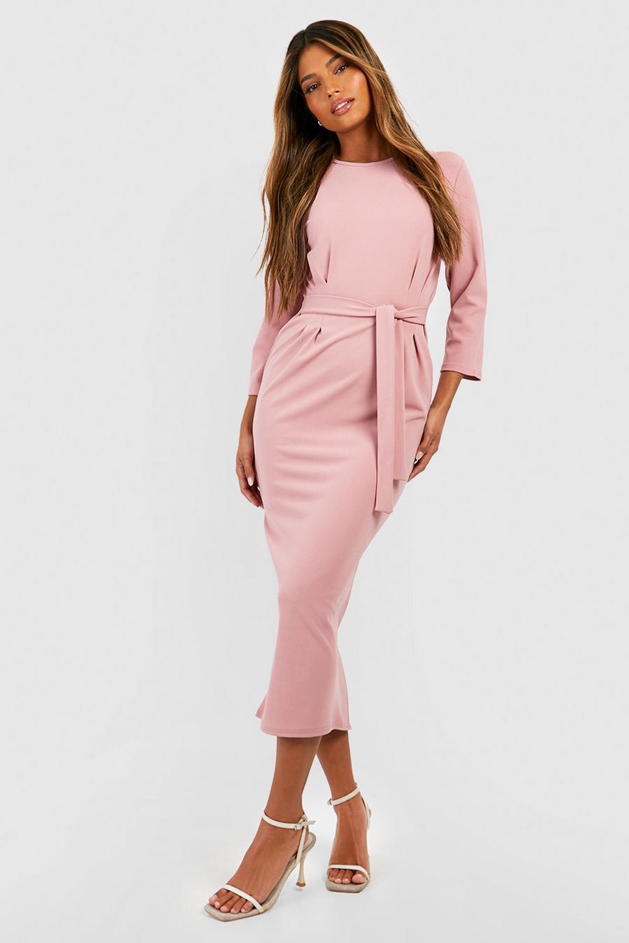 Rose Crepe Pleat Front 3/4 Sleeve Belted Midaxi Dress