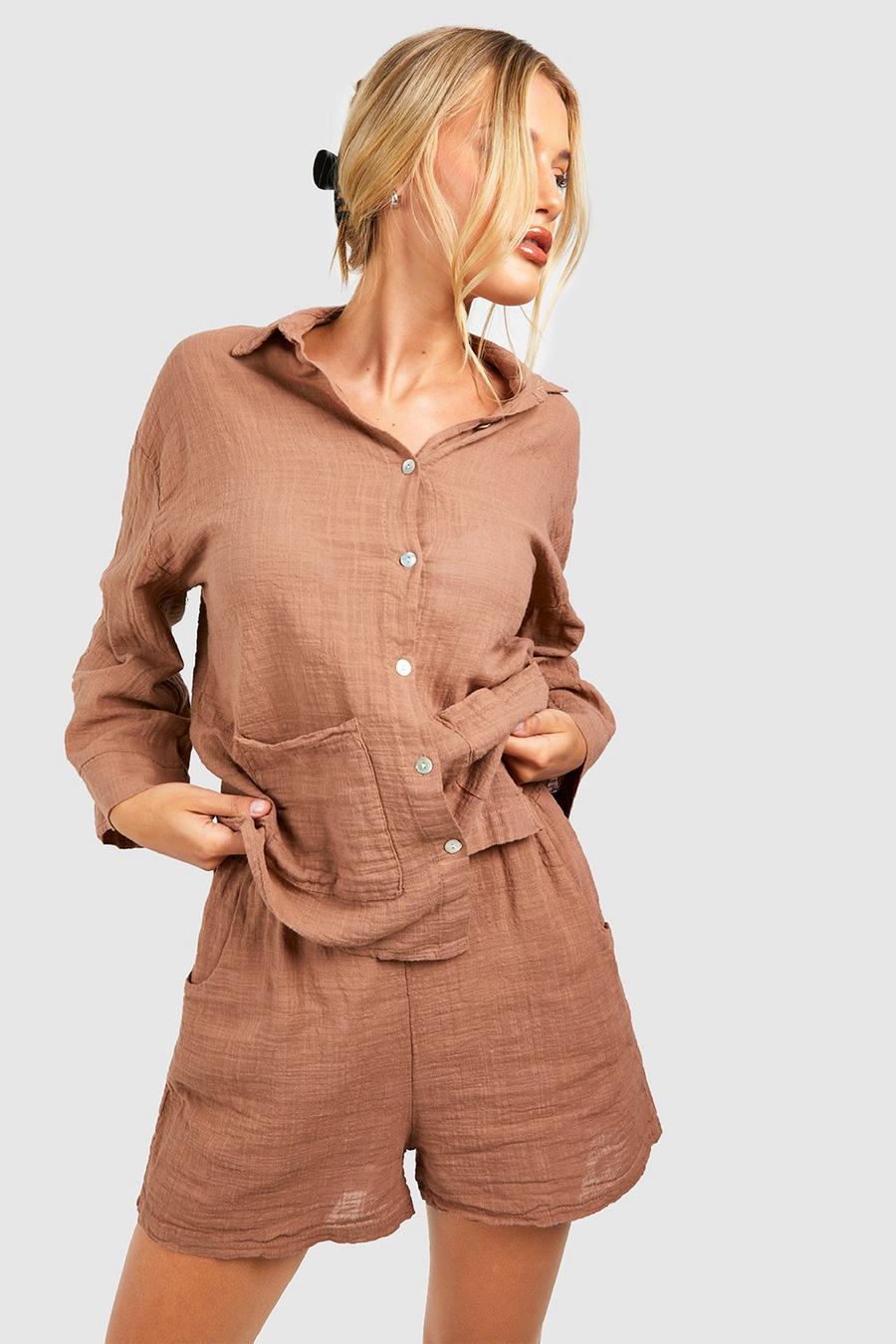 Camicia oversize in cotone leggero con trama, Chocolate