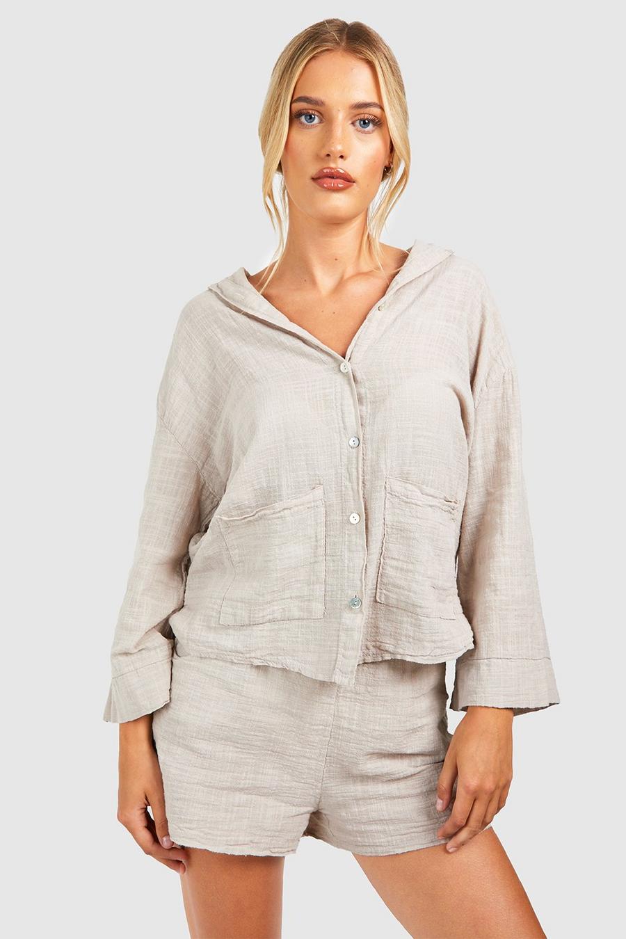 Taupe Textured Lightweight Cotton Oversized Shirt
