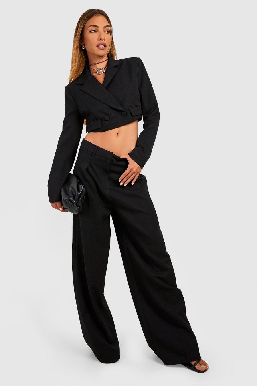 Black Textured Pleat Front Wide Leg Tailored Pants image number 1