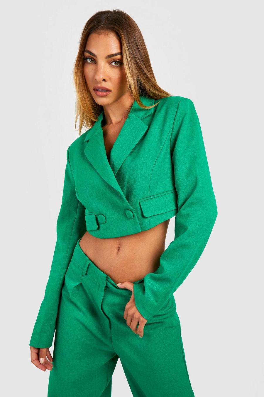 Bright green Textured Pocket Detail Longline Crop Blazer