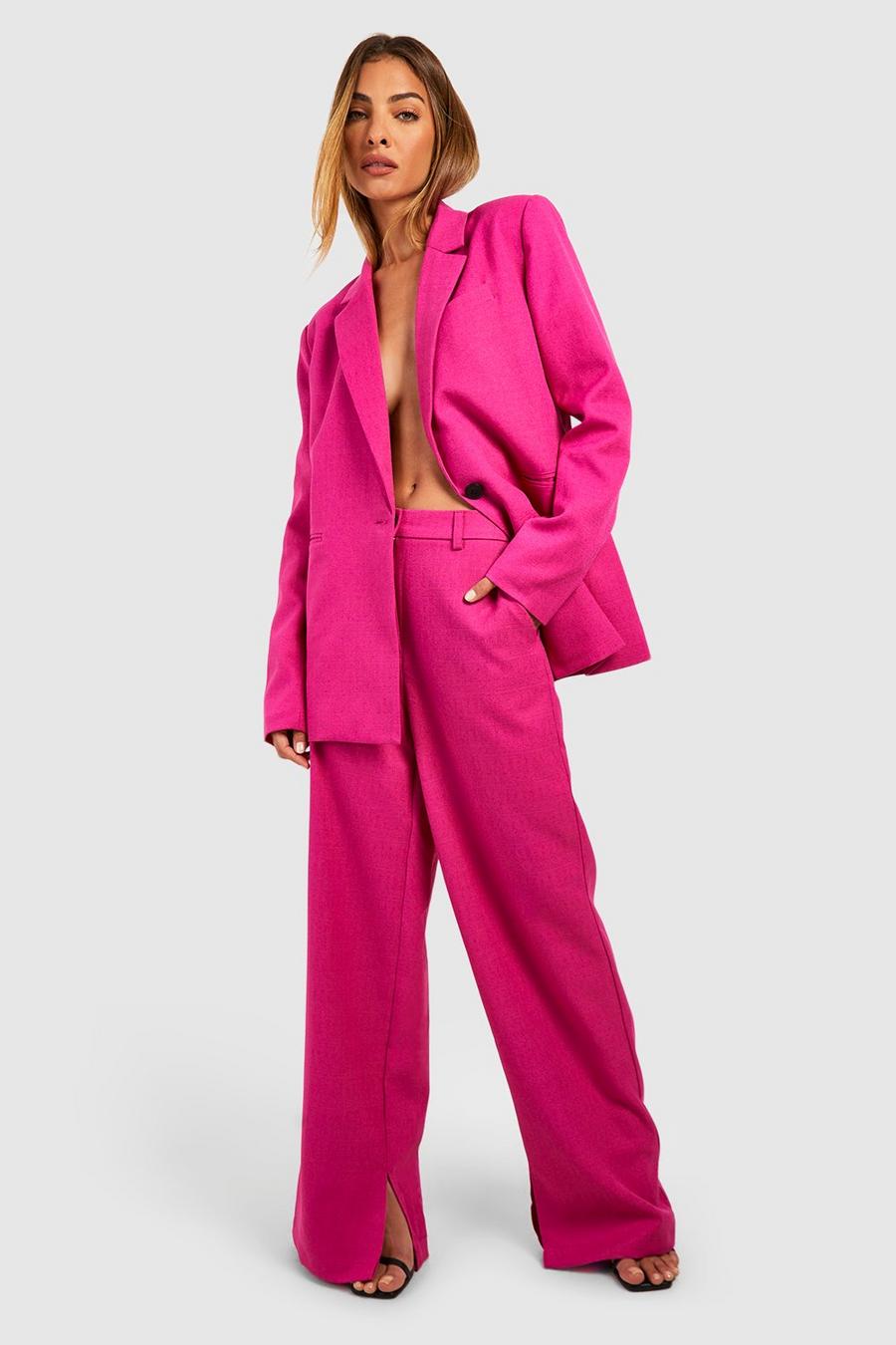 Magenta Textured Wide Leg Tailored Trousers 