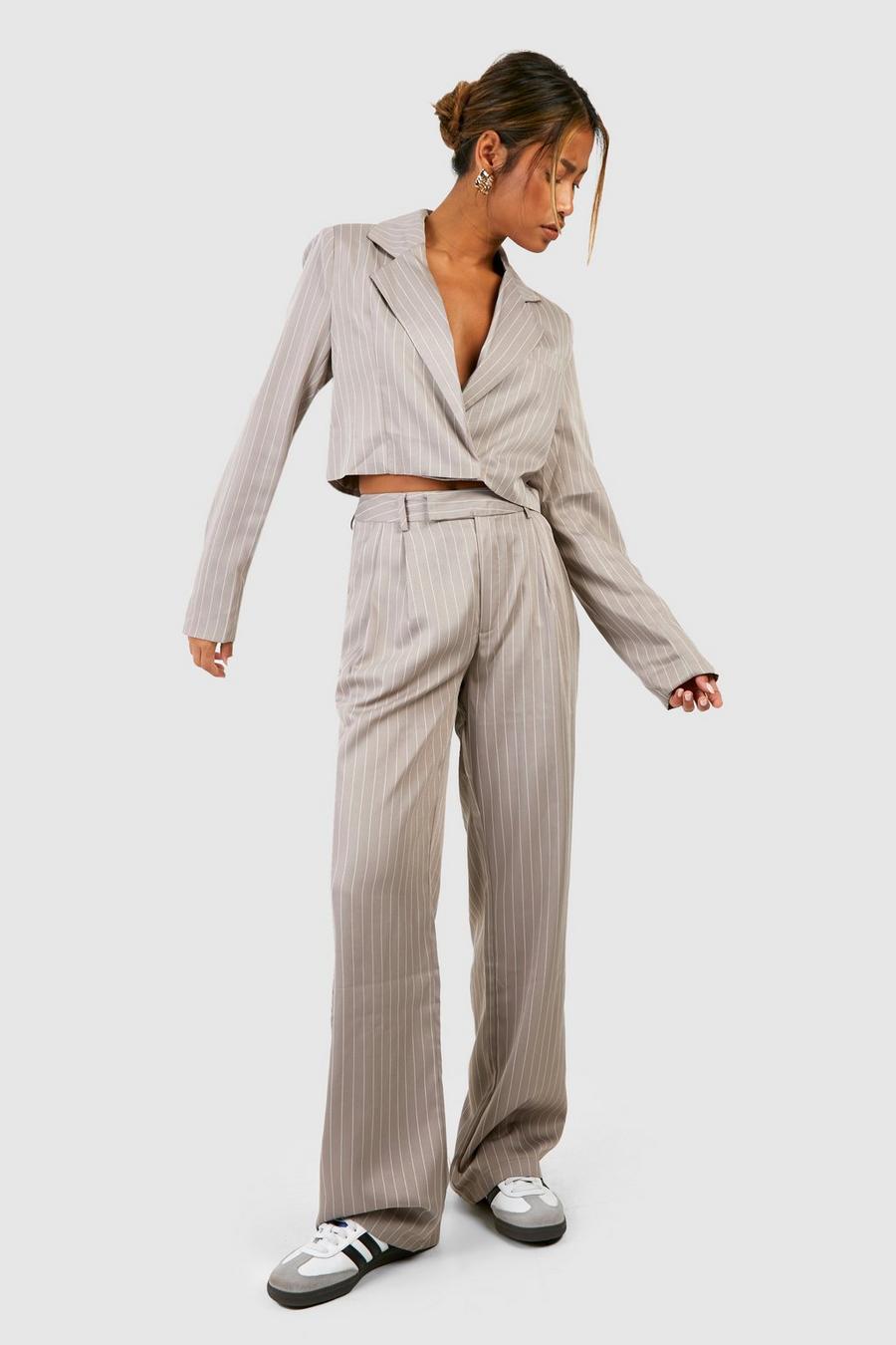Taupe Pinstripe Pleat Front Wide Leg Tailored Trousers 