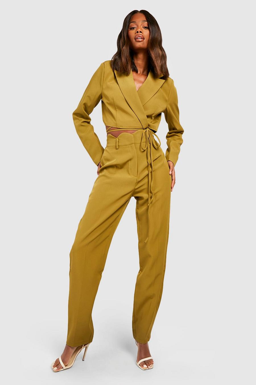 Olive Scalloped Waist Straight Leg Tailored Trousers 