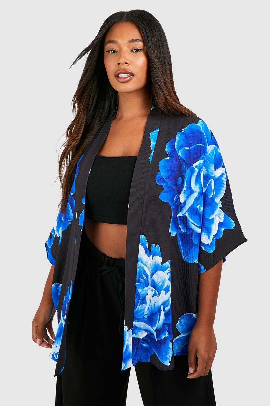 Plus gewebter Kimono mit floralem Print, Black