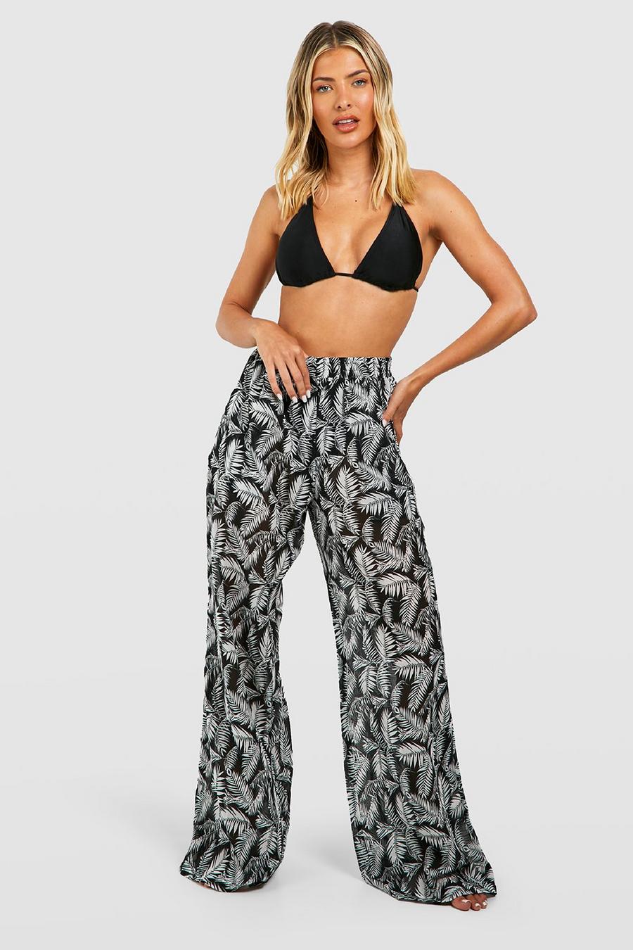 Black Tropical Chiffon Beach Trousers image number 1