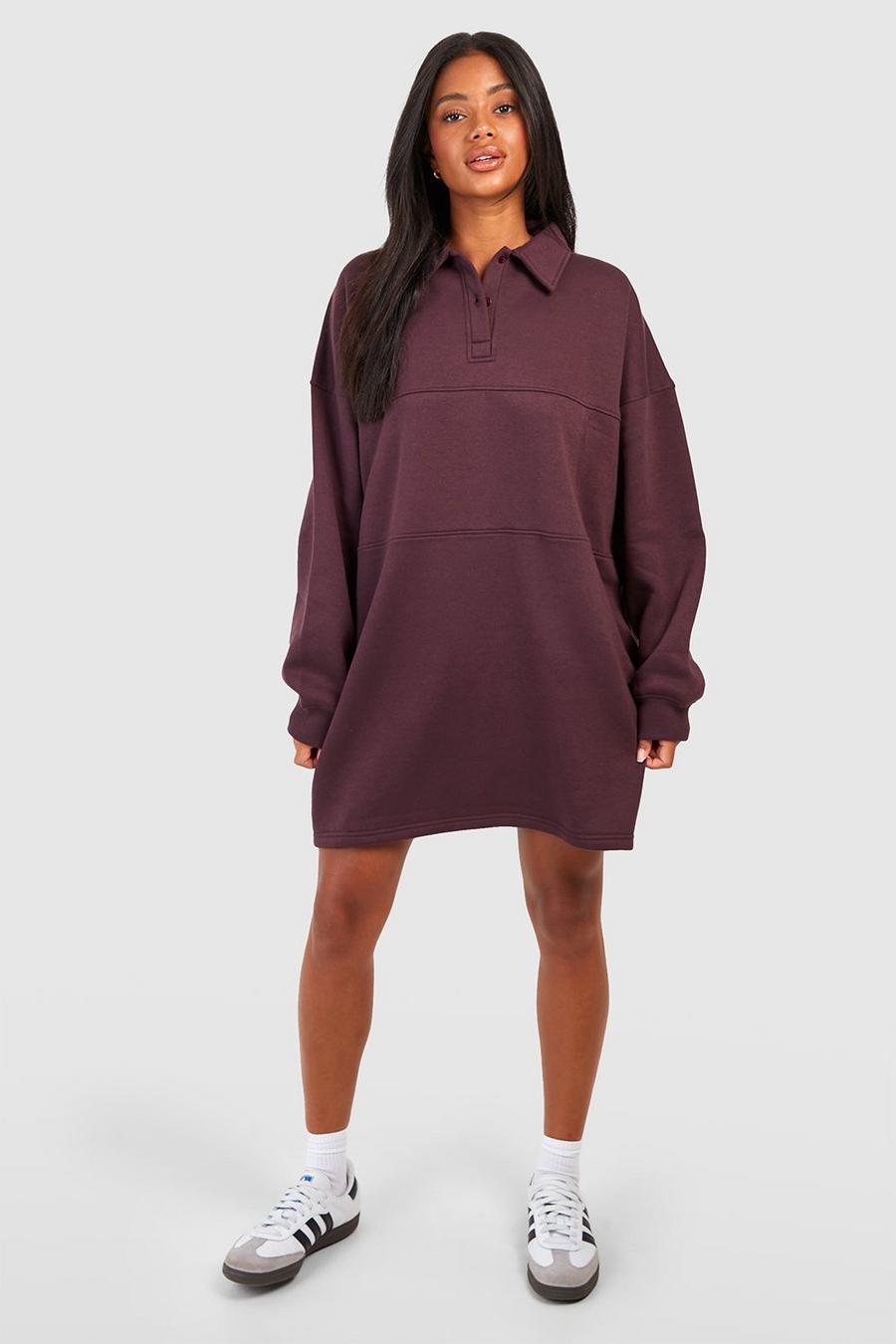 Oversize Sweatshirt-Kleid mit Kragen und V-Ausschnitt, Chocolate