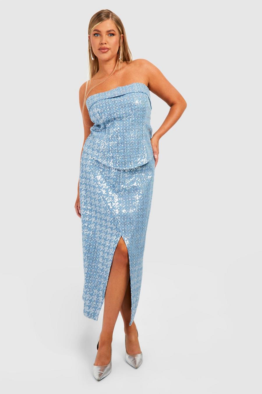 Light blue Plus Sequin Denim Midi Skirt