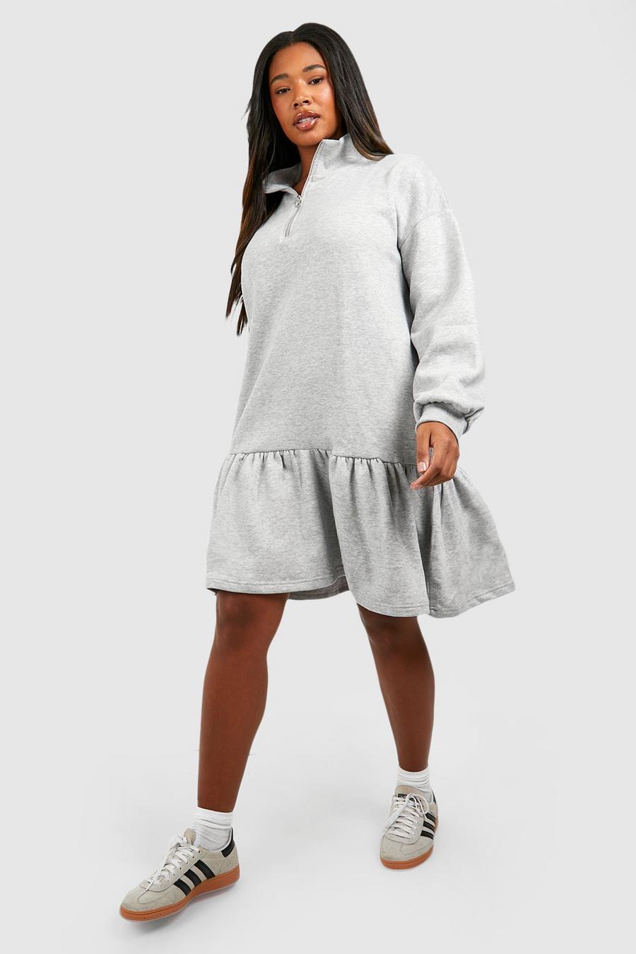 Grey marl Plus Sweatshirtklänning med volangkant och kort dragkedja