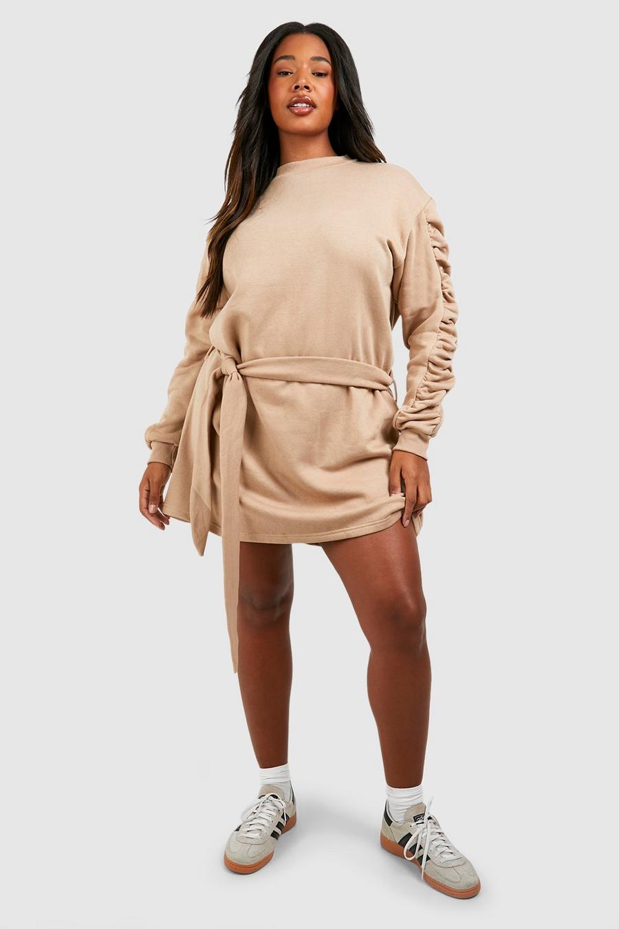 Stone Plus Ruched Sleeve Sweater Dress