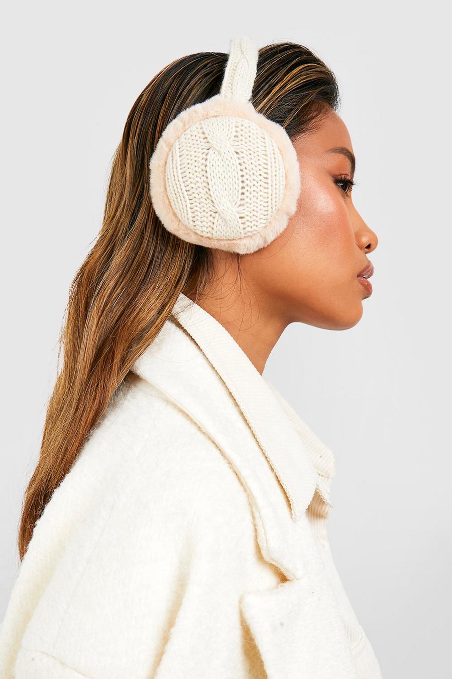 Cream Cable Knit Faux Fur Ear Muff  image number 1