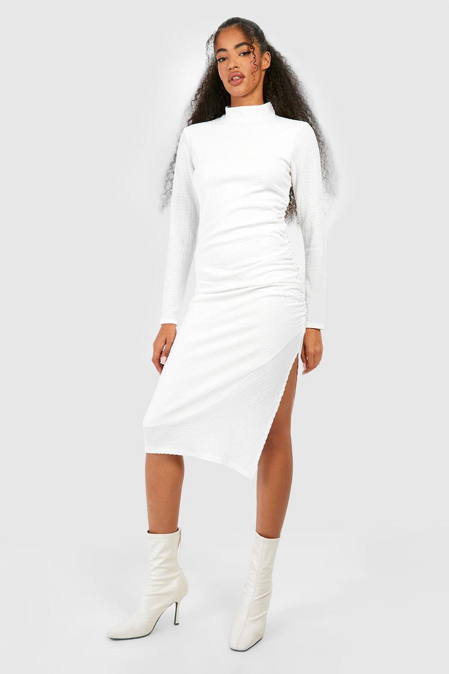Ivory Textured Rouched High Neck Midi Dress