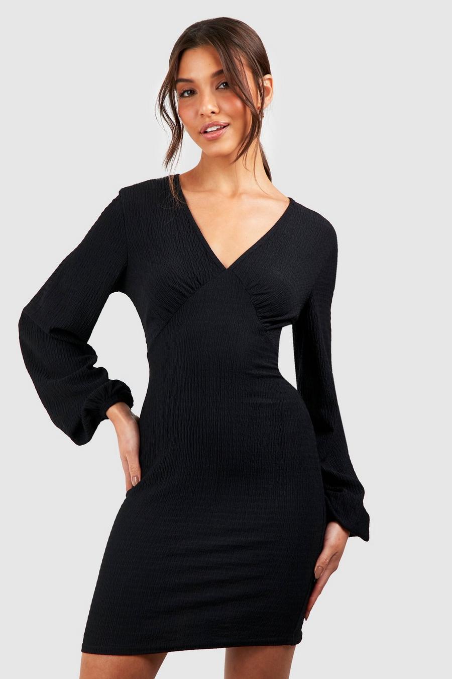 Black Textured Blouson Sleeve Mini Dress