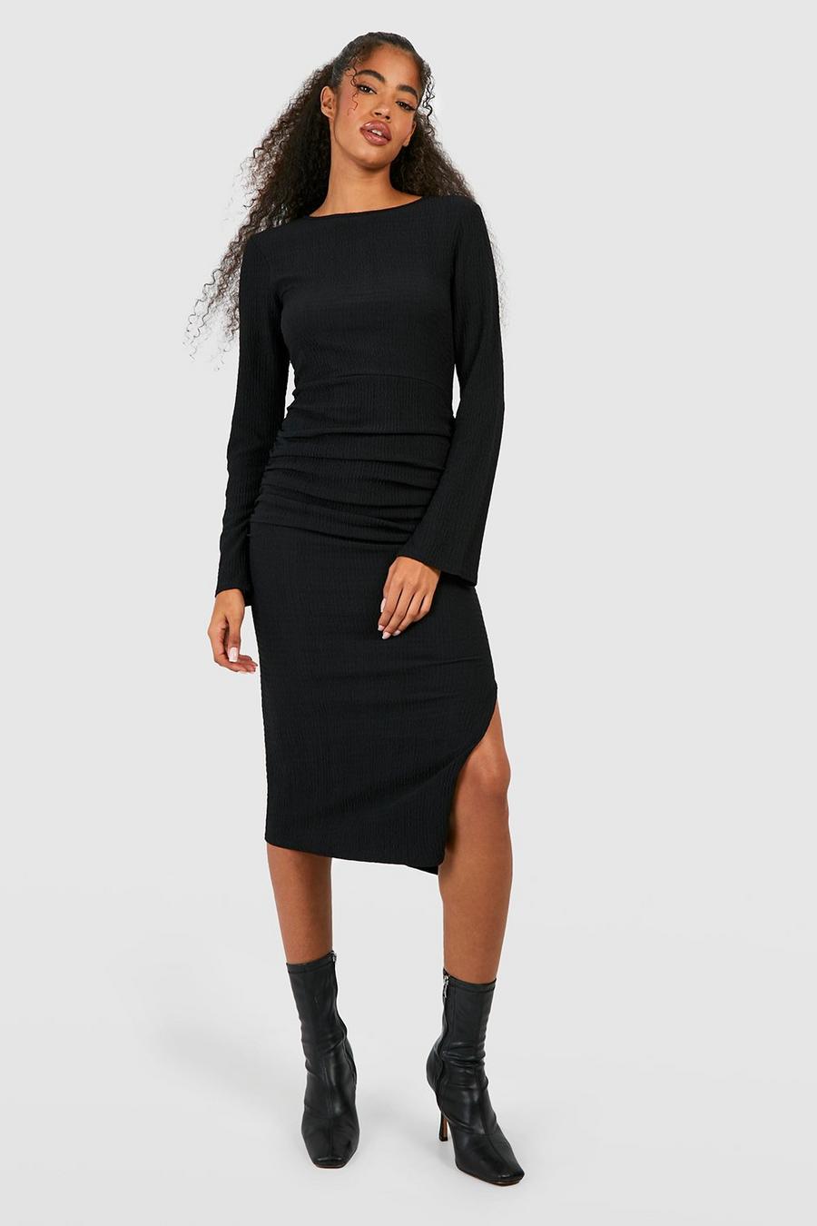 Black Textured Rouched Midaxi Dress