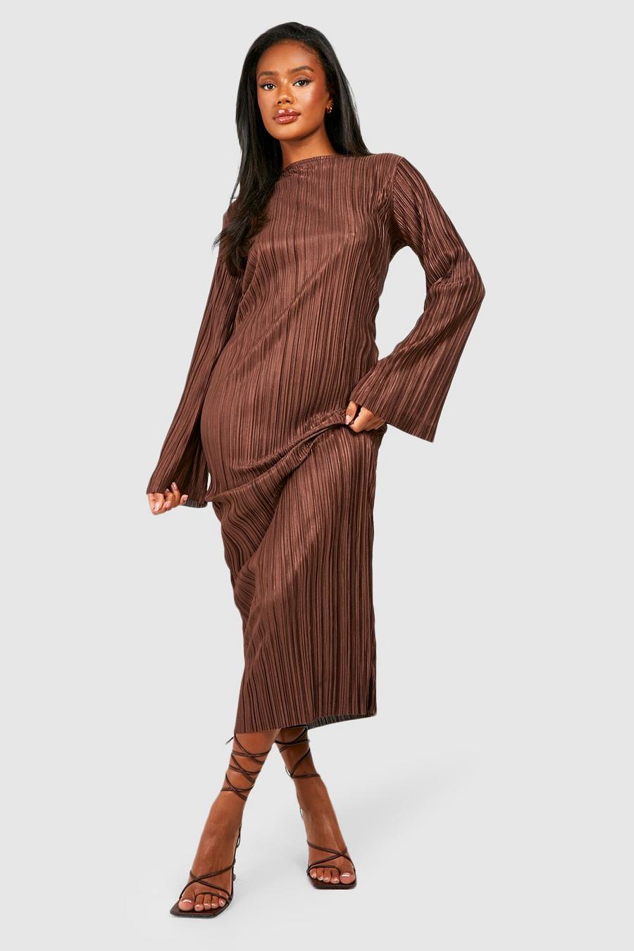 Chocolate Plisse Flare Sleeve Maxi Dress
