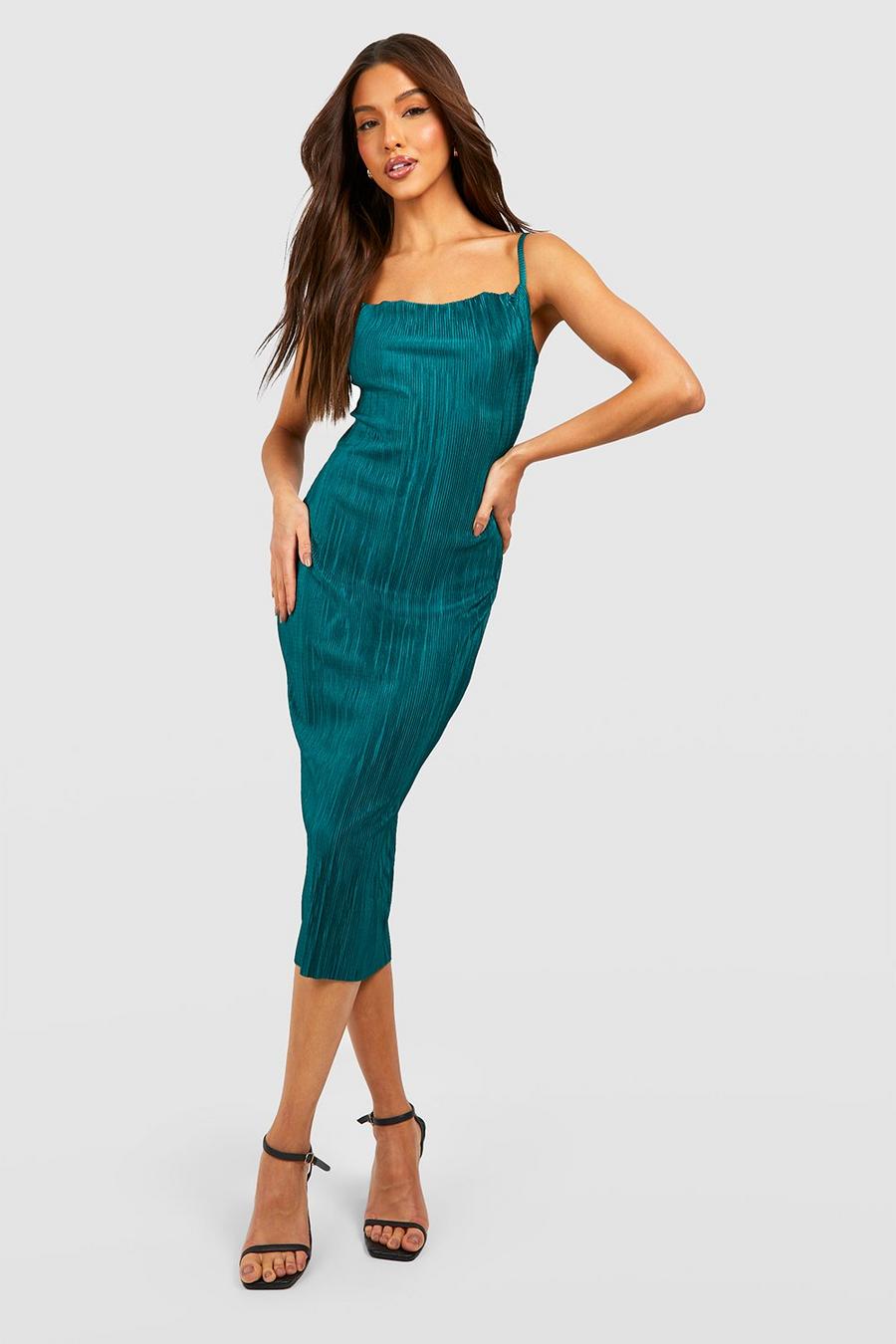 Emerald Plisse Strappy Midi Dress