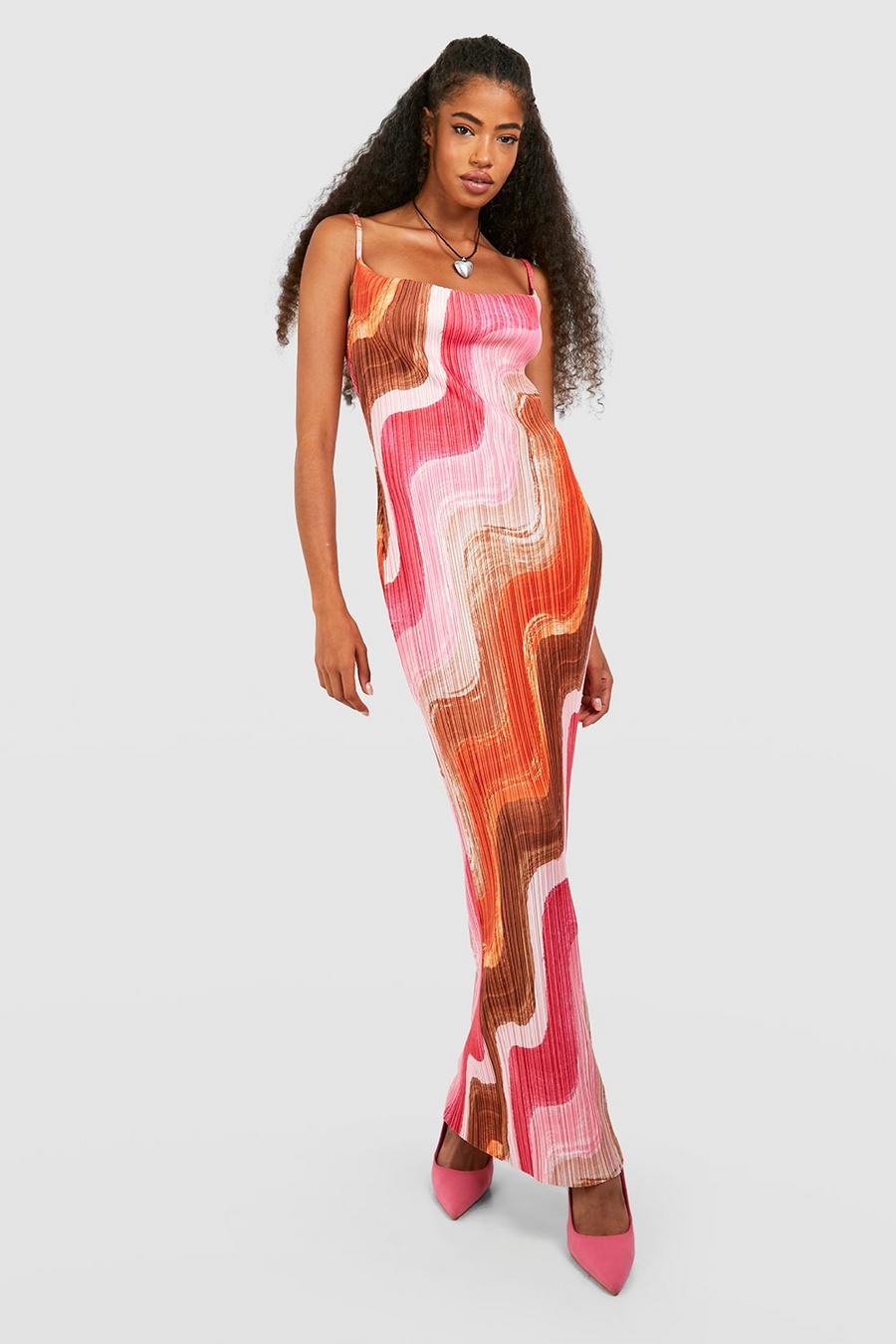 Robe longue plissée à imprimé abstrait, Pink