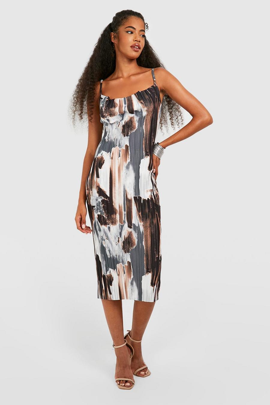 Grey Abstract Plisse Strappy Midi Dress