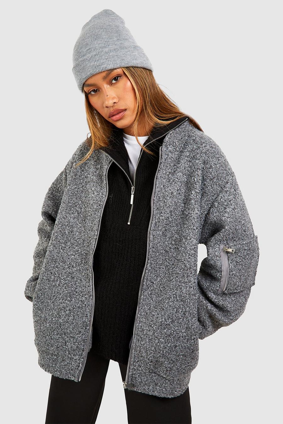 Grey marl Oversized Boucle Wool Look Bomber Jacket