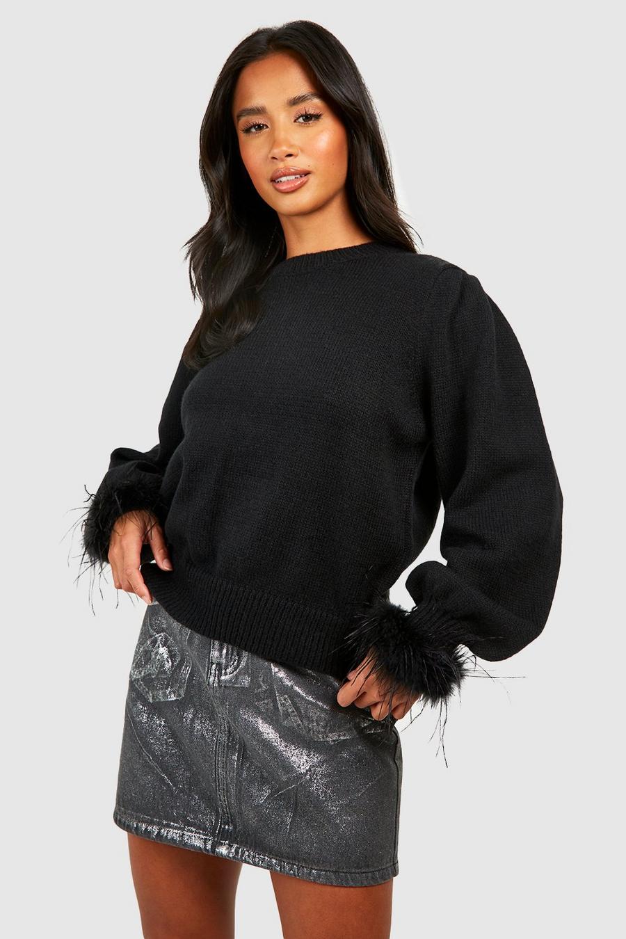 Black Petite Feather Cuff Sweater