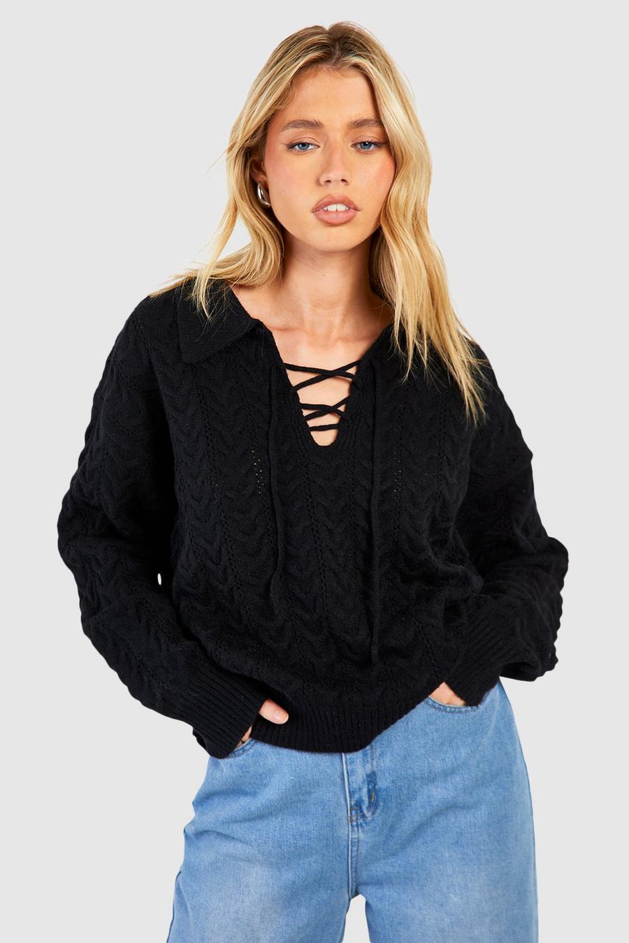 Black Lace Up Neckline Polo Collar Cable Sweater