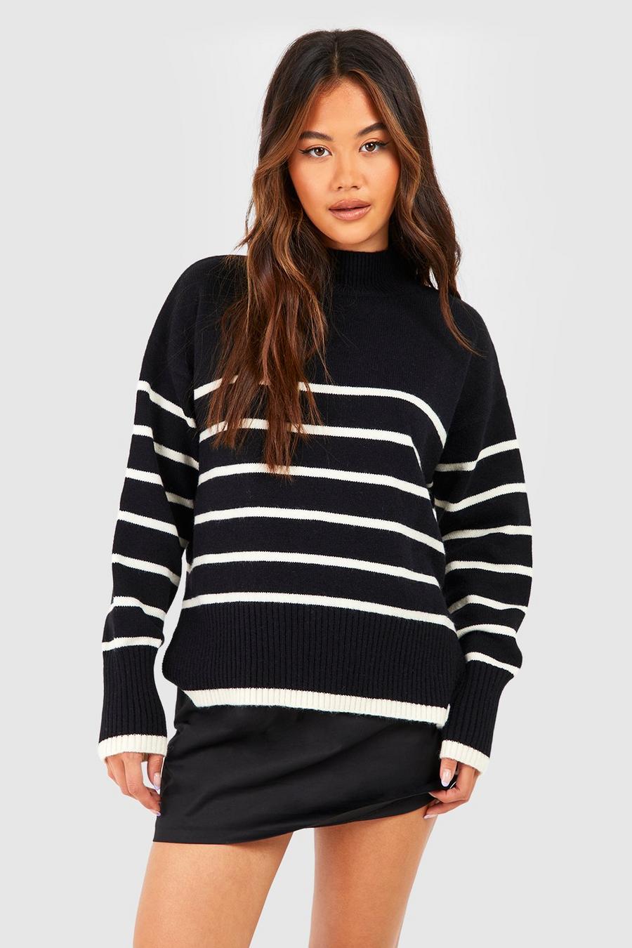 Black High Neck Stripe Oversized Sweater