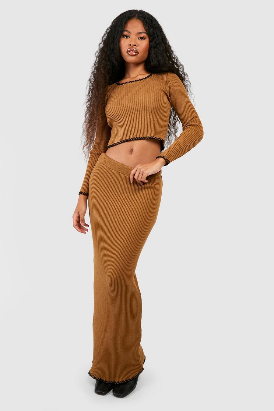 Camel Blanket Stitch Knitted Maxi Skirt