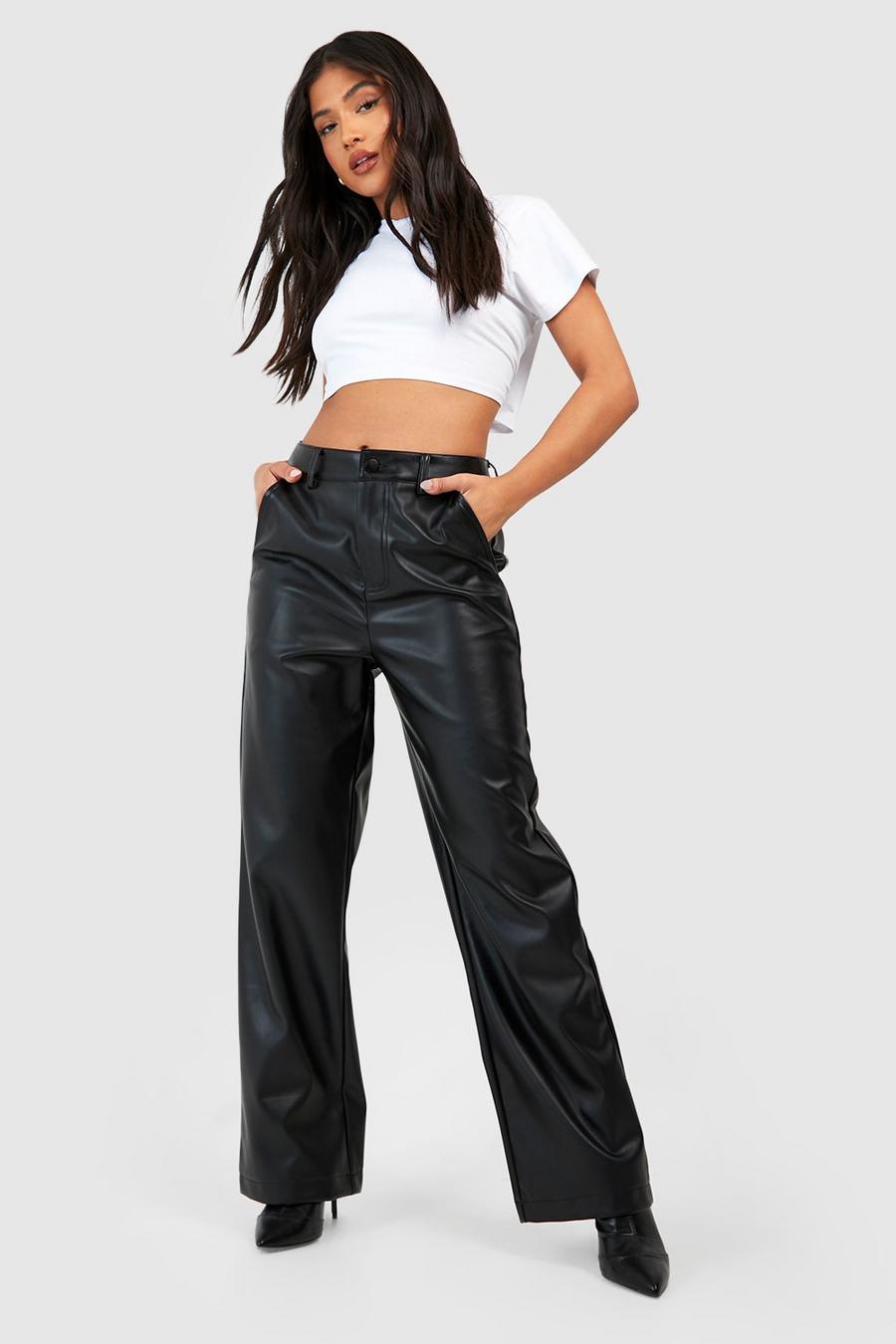 Black Petite Leather Look Relaxed Fit Straight Leg Trousers image number 1