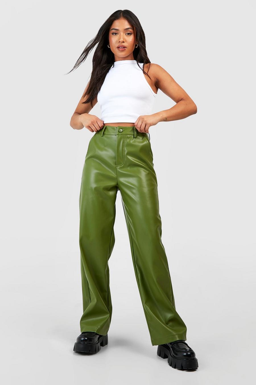 Khaki Petite Leather Look Relaxed Fit Straight Leg Pants