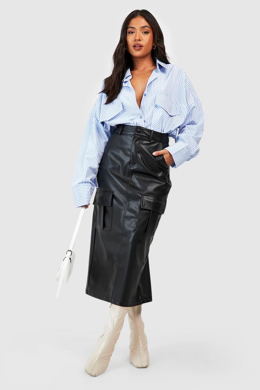 Black Petite Leather Look Cargo Midaxi Skirt