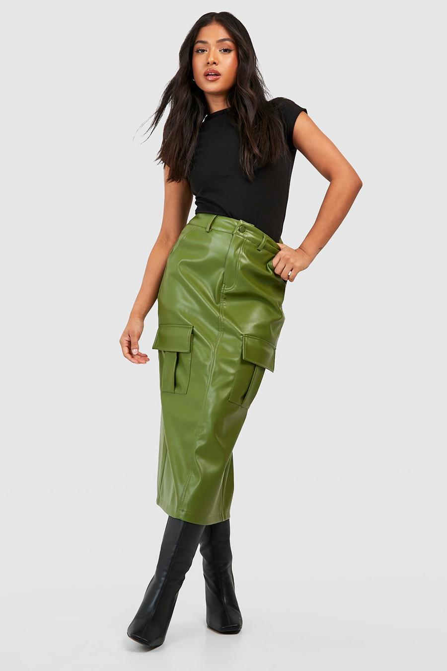 Khaki Petite Leather Look Cargo Midaxi Skirt